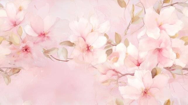  a painting of pink flowers and leaves on a light pink background with a place for a text or a picture.