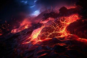 Flowing lava glows in the evening darkness.