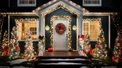 a house decorated for christmas with a wreath on the front door and a wreath on the front of the house. - obrazy, fototapety, plakaty