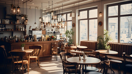 Fototapeta na wymiar Charming Cozy Coffee Shop with Vintage Decor, Enhanced with Soft and Muted Tones to Evoke a Nostalgic and Inviting Atmosphere