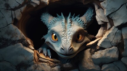  a close up of a dragon looking out of a hole in a rock wall with a tree branch sticking out of it's mouth and a rock wall behind it.