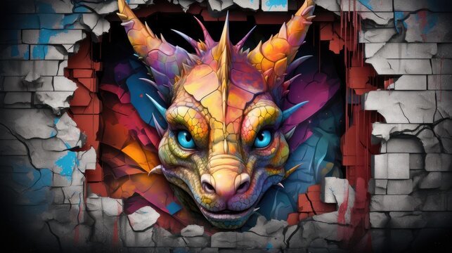  a painting of a dragon's head is shown through a hole in a brick wall with paint splatters all over the surface and a brick wall behind it.