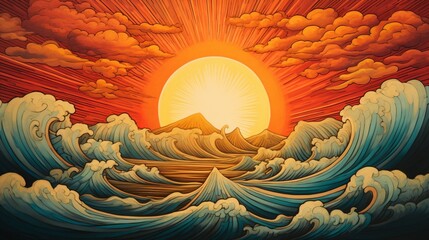 A linear art portrayal of a rising sun, evoking a sense of renewal and new beginnings. - obrazy, fototapety, plakaty