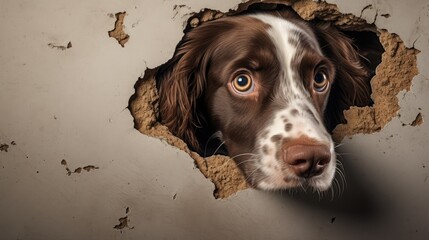  a brown and white dog looks out of a hole in a wall that has been painted white and has a hole in the wall with a dog's head. - obrazy, fototapety, plakaty