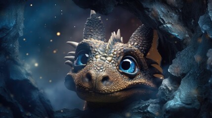 Fototapeta premium a close up of a dragon's face with blue eyes in a cave with rocks and a tree trunk in the foreground, with a dark sky and stars in the background.