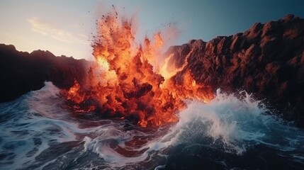 Volcanic eruption hits the sea. - obrazy, fototapety, plakaty
