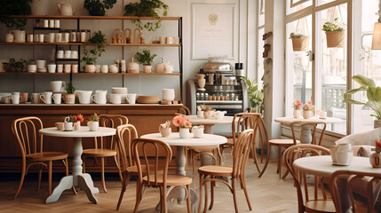 Fototapeta na wymiar Charming Cozy Coffee Shop with Vintage Decor, Enhanced with Soft and Muted Tones to Evoke a Nostalgic and Inviting Atmosphere