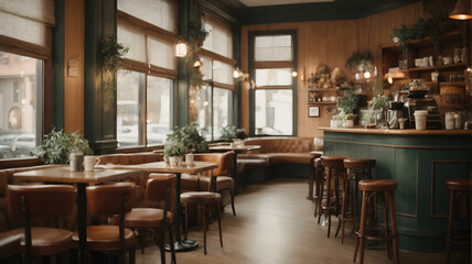 Charming Cozy Coffee Shop with Vintage Decor, Enhanced with Soft and Muted Tones to Evoke a Nostalgic and Inviting Atmosphere