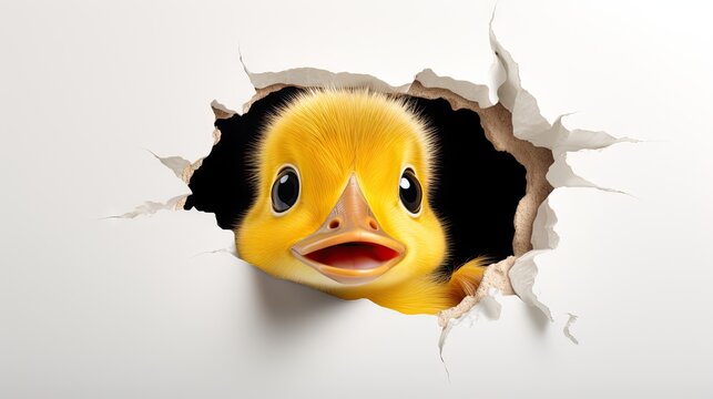  a yellow duck peeking out of a hole in a white wall with a hole in it's side that has a hole in the wall with a yellow ducky face.