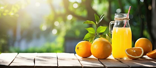 Selbstklebende Fototapeten tranquil garden Mason placed a jar of freshly squeezed orange juice on the rustic wood table with a white background that highlighted the vibrant colors of the healthy fruit radiating a ref © TheWaterMeloonProjec