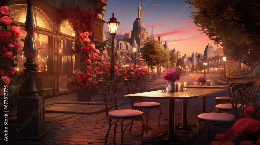 Wall mural  a painting of a city street at night with a table and chairs and a vase of flowers on the table.