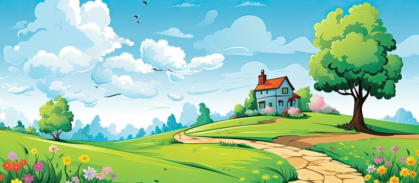 The happy home was filled with beautiful illustrations featuring colorful flowers a clear blue sky and vibrant nature The house stood tall beside a majestic tree with a road winding through