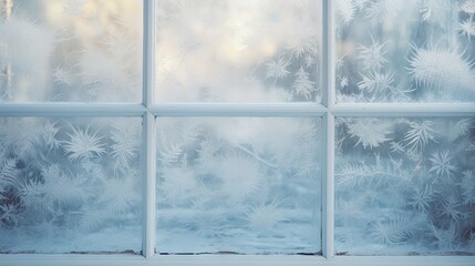  a close up of a frosted glass window with snow flakes on the outside of the window and on the inside of the glass.