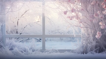  a window that has a view of a snowy forest outside of it with pink flowers on the window sill.