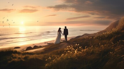 Fototapeta premium silhouette of a bride and groom on the beach at sunset