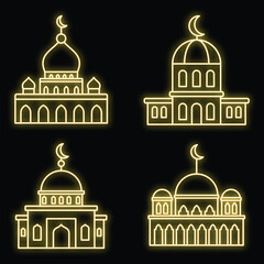 Mosque building icons set. Outline set of mosque building vector icons neon color on black