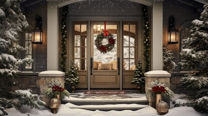  a house decorated for christmas with wreaths and wreaths on the front door and a wreath on the front door.