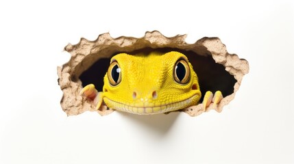  a close up of a yellow gecko looking out of a hole in a wall with it's head sticking out and eyes wide open, with a white background.