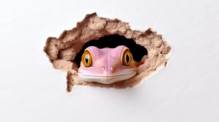  a close up of a gecko poking its head out of a crack in a white wall with a white wall behind it and a white wall in the background.