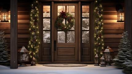  a front door decorated for christmas with a wreath and wreath on the front of the door and lights on the side of the door.