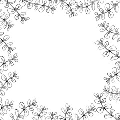 Floral eucalyptus square banner frame, line art hand drawn eucalyptus leaves, vector wreath illustration for card or wedding invitation. Isolated on white background