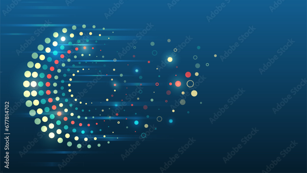 Poster Vector technology background. Big data visualization. Abstract stream information with circles array and binary code. Information analytics concept. Filtering machine algorithms. Sorting data.