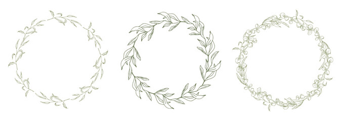 Floral circle frame set, line art hand drawn eucalyptus leaves wreath, vector illustration for card or wedding invitation. Isolated on white background