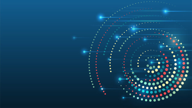 Big data visualization. Abstract stream information with circles array and binary code. Information analytics concept. Filtering machine algorithms. Sorting data. Vector technology background.