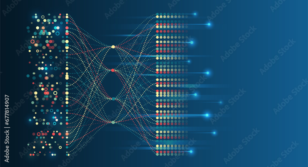Poster Big data visualization. Futuristic network or business analytics. Structuring the flow of information. Data analytics concept. Sorting a large amount of data on a dark background.