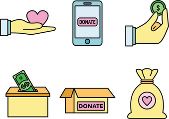 Charity donations icons set. Outline set of charity donations vector icons thin line color flat on white