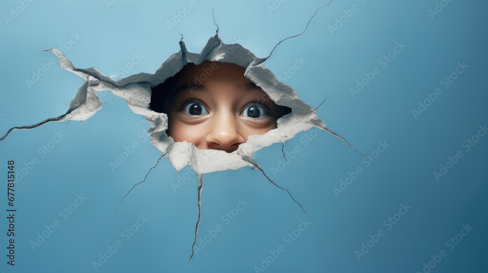 Sticker  a close up of a child's face poking out of a hole in the wall of a blue wallpapered room with a hole in the middle of the wall.