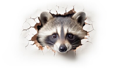  a raccoon pokes its head out of a hole in the wall, revealing a hole in the wall with the raccoon's head sticking out.