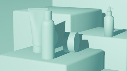 Podium, stand, showcase on pastel light, mint background for premium product with nature plant, leaves. Mock up for exhibitions, presentation of cosmetic products, therapy, 3d render.