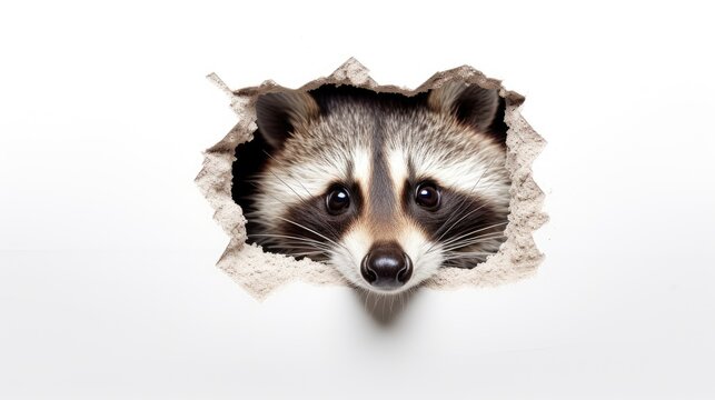  a raccoon pokes its head out of a hole in a sheet of paper that has been torn open to reveal a picture of a raccoon's face.