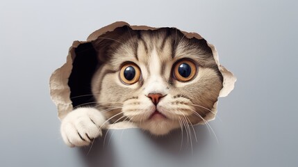  a close up of a cat peeking out of a hole in the wall with it's head sticking out of it's side and looking at the camera.