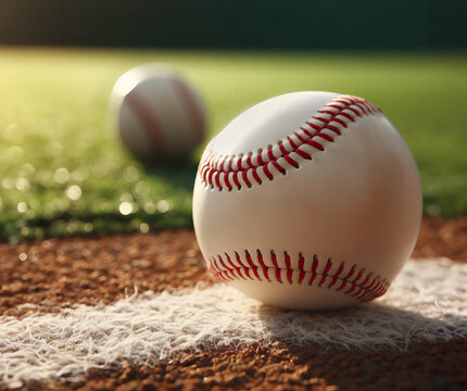 baseball ball with red stitched on the white line on the pitch field