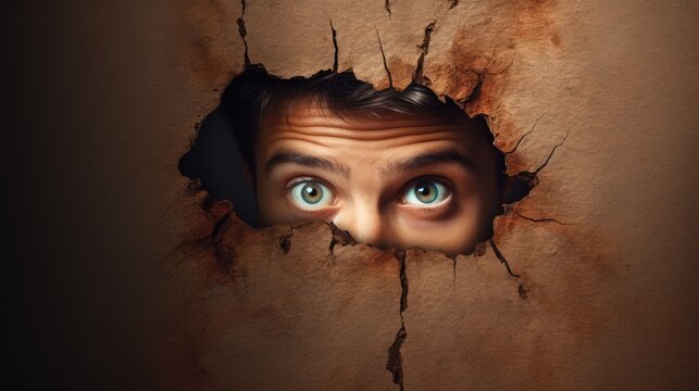  a man looking through a hole in a wall, with his eyes wide open and his mouth slightly agape His face is framed by the crack in the wall, and his expression is one