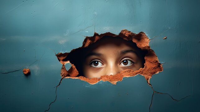  a child's face peeks out of a hole in a wall that has been painted blue and has been torn open to reveal a hole in the wall.