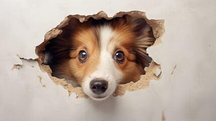  a brown and white dog looking out of a hole in a wall with its head sticking out of it's hole, with a white wall behind it, and a white background.
