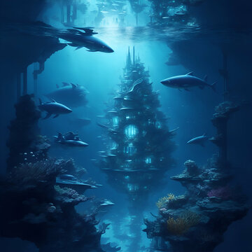 An image of a subaquatic city with various houses in the deep ocean, blending futuristic architecture with a variety of exotic marine life.