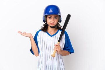 Baseball Russian girl player with helmet and bat isolated on white background having doubts while raising hands
