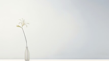  a white vase with a single flower in it on a white table with a white wall in the back ground.