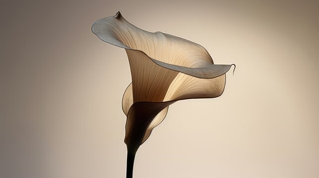  a white flower with a black stem sticking out of it's center, on a beige background with a shadow.