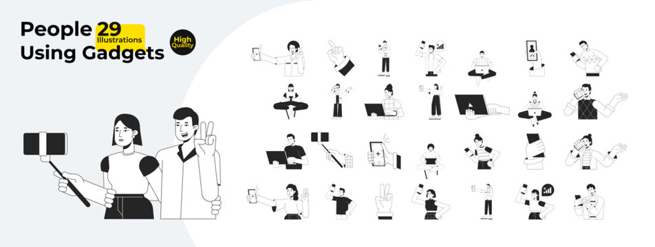 Diverse people using gadgets black and white cartoon flat illustration bundle. Selfie taking, typing laptop, holding phone 2D lineart characters isolated. Monochrome vector outline image collection