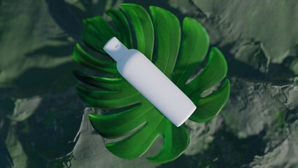 Minimal cosmetic mock up background for  cosmetic product presentation. Tropical green leaves of monstera philodendron background. 3d render illustration. © AlexMelas