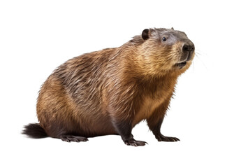 Fototapeta premium Large nutria stands side ways and looking to camera. Myocastor coypus Isolated on a white background. Brown wild animal close up