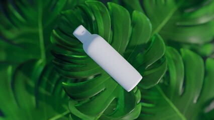 Minimal cosmetic mock up background for  cosmetic product presentation. Tropical green leaves of monstera philodendron background. 3d render illustration. © AlexMelas