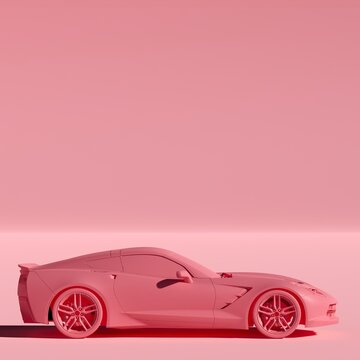 4K Square Side view a pink pastel metalic supercar with pink pastel color background isolated, america or usa car, realistic rendered 3d model