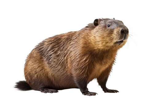 Large nutria stands side ways and looking to camera. Myocastor coypus Isolated on a white background. Brown wild animal close up