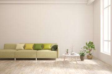 White scandinavian interior design with sofa. 3D illustration